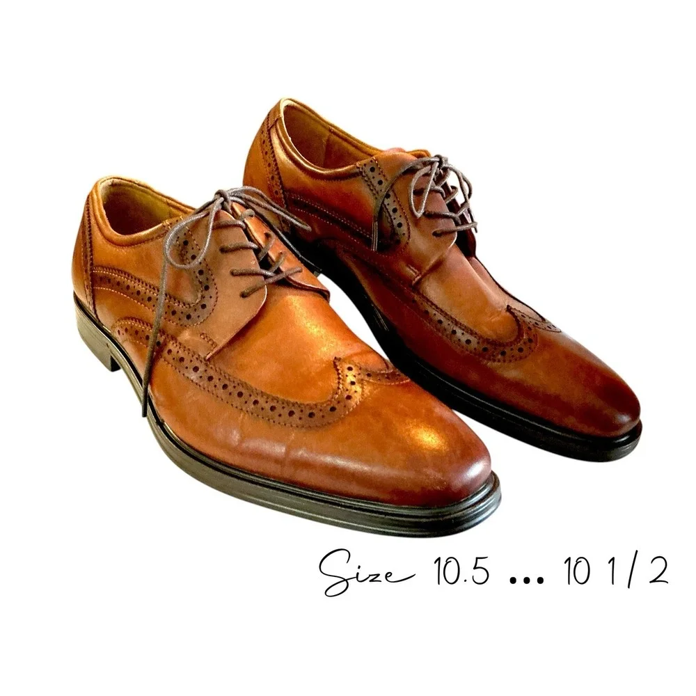 Florsheim Comfortech Memory Foam Mens Size 10.5 Cognac Leather Wingtip Shoes